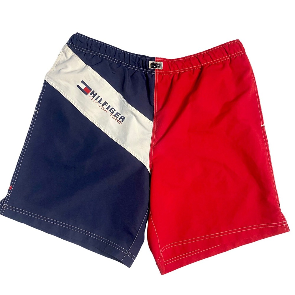 VTG Tommy Hilfiger Swim Trunks‎ Sz XL Red White Blue Spell Out Elastic Waist